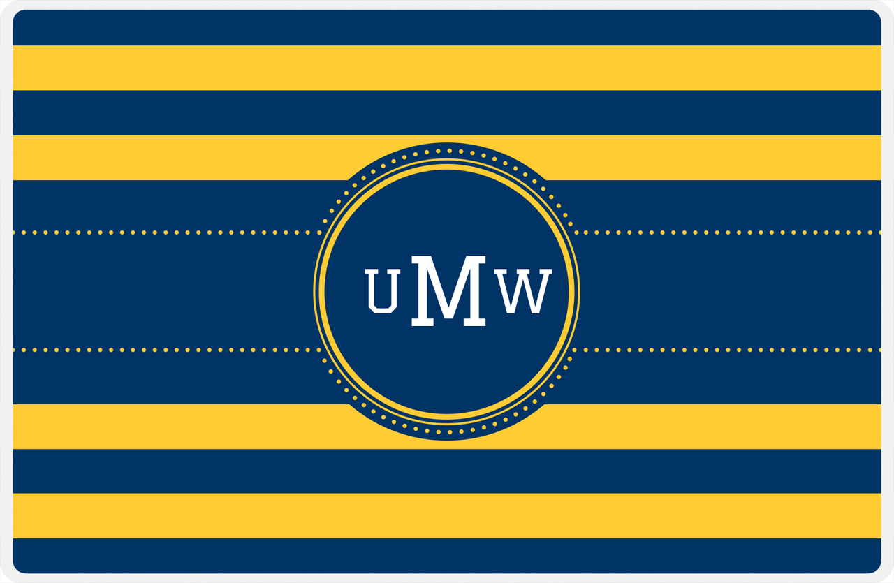 Personalized Striped Placemat - Navy and Mustard Stripes - Navy Circle with Ribbon Frame -  View