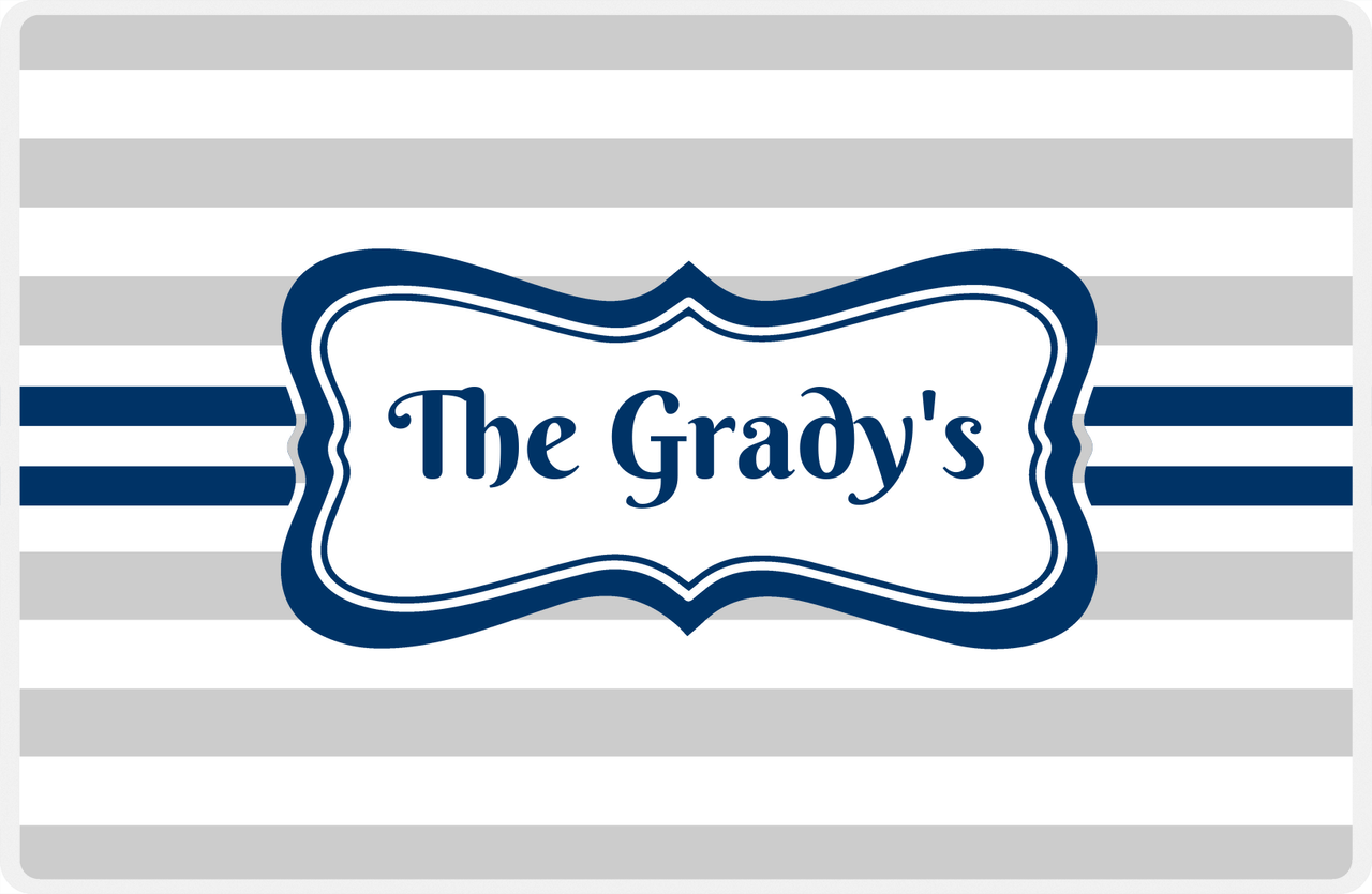 Personalized Striped Placemat - Light Grey and White Stripes - Navy Fancy Ribbon Frame -  View