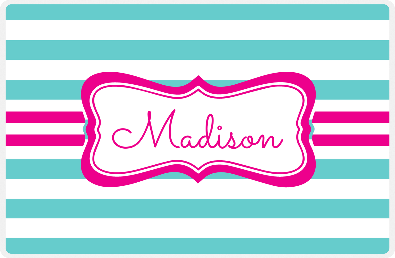 Personalized Striped Placemat - Viking Blue and White Stripes - Hot Pink Fancy Ribbon Frame -  View