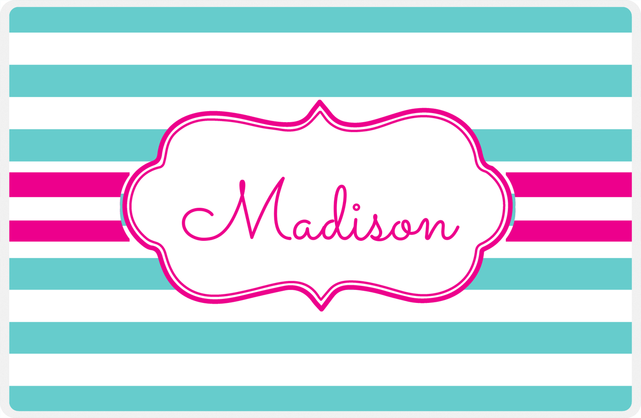 Personalized Striped Placemat - Viking Blue and White Stripes - Hot Pink Cool Ribbon Frame -  View
