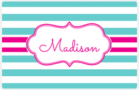 Thumbnail for Personalized Striped Placemat - Viking Blue and White Stripes - Hot Pink Cool Ribbon Frame -  View