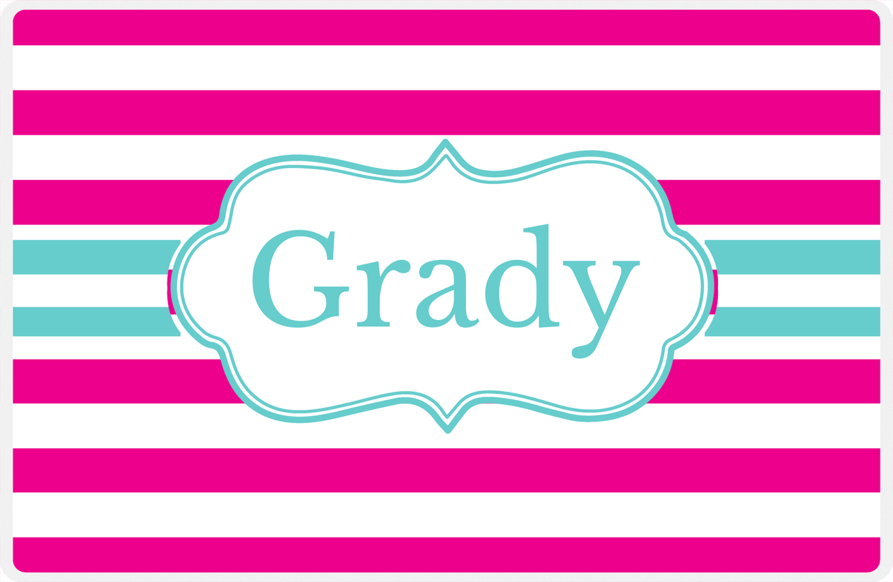 Personalized Striped Placemat - Hot Pink and White Stripes - Viking Blue Cool Ribbon Frame -  View