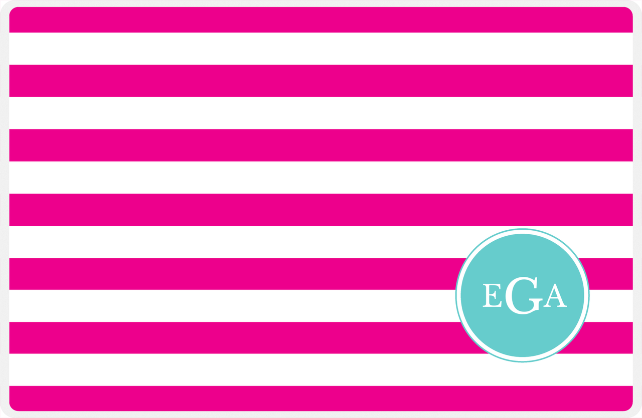 Personalized Striped Placemat - Hot Pink and White Stripes - Viking Blue Corner Circle Frame -  View