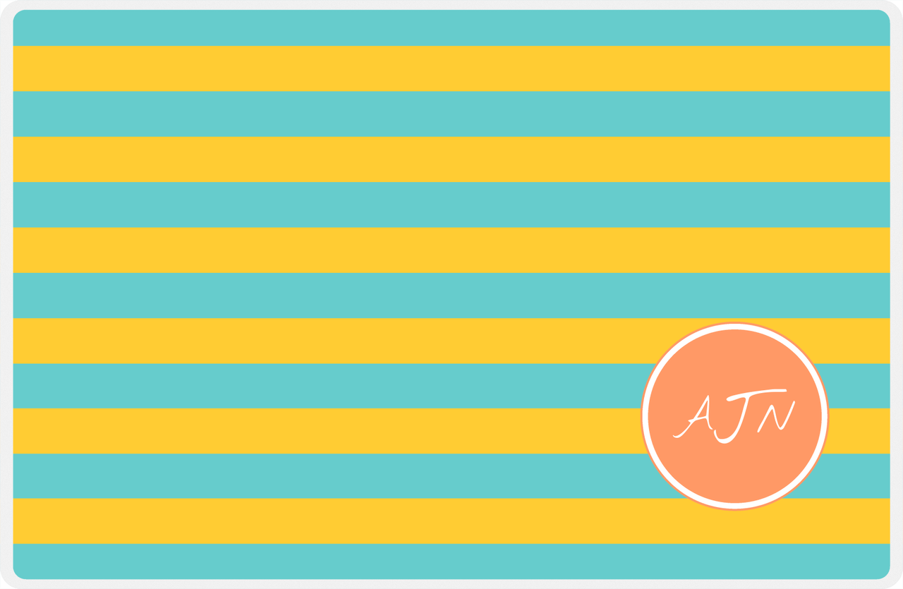 Personalized Striped Placemat - Viking Blue and Mustard Stripes - Tangerine Corner Circle Frame -  View