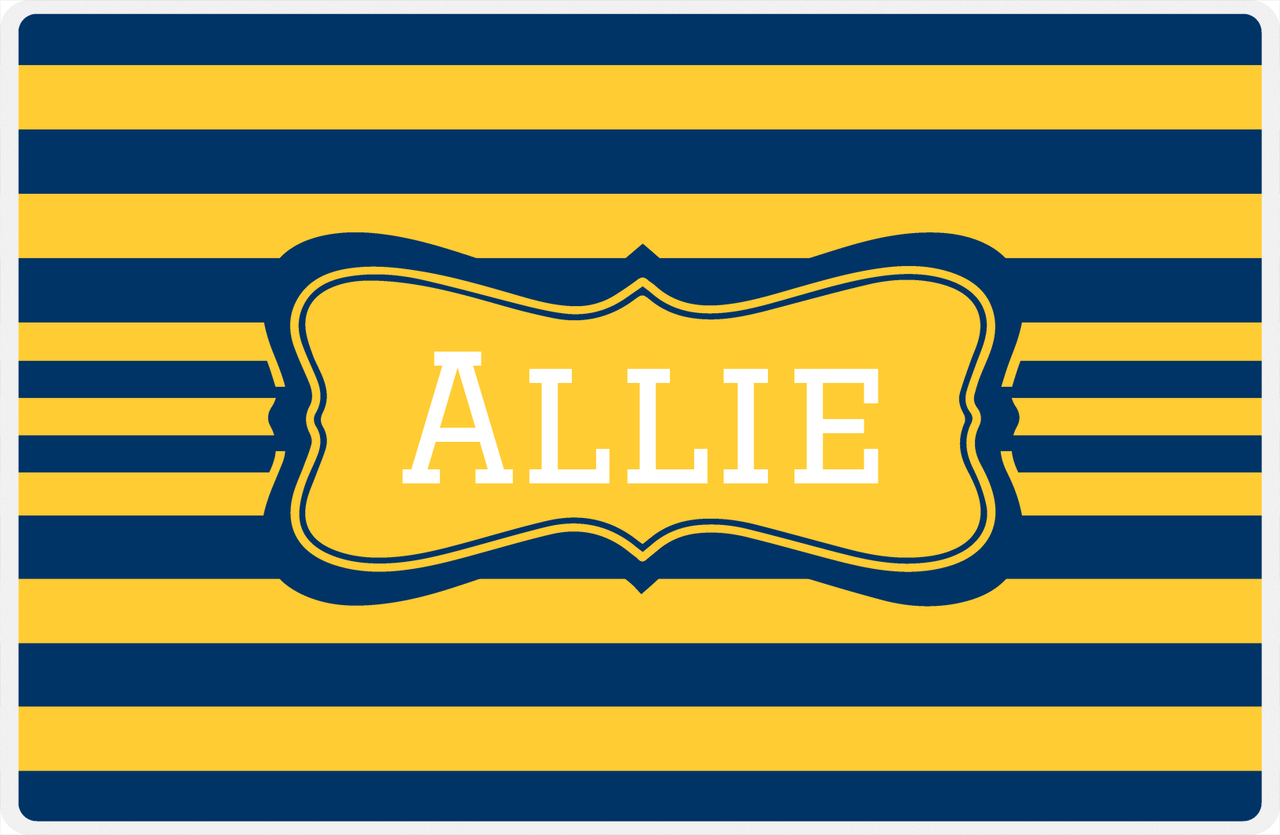 Personalized Striped Placemat - Navy and Mustard Stripes - Navy Fancy Ribbon Frame -  View