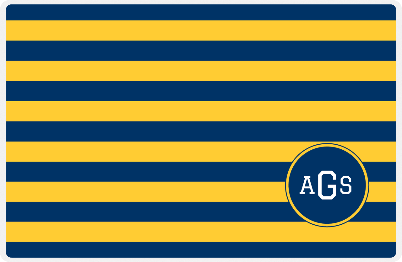 Personalized Striped Placemat - Navy and Mustard Stripes - Navy Corner Circle Frame -  View