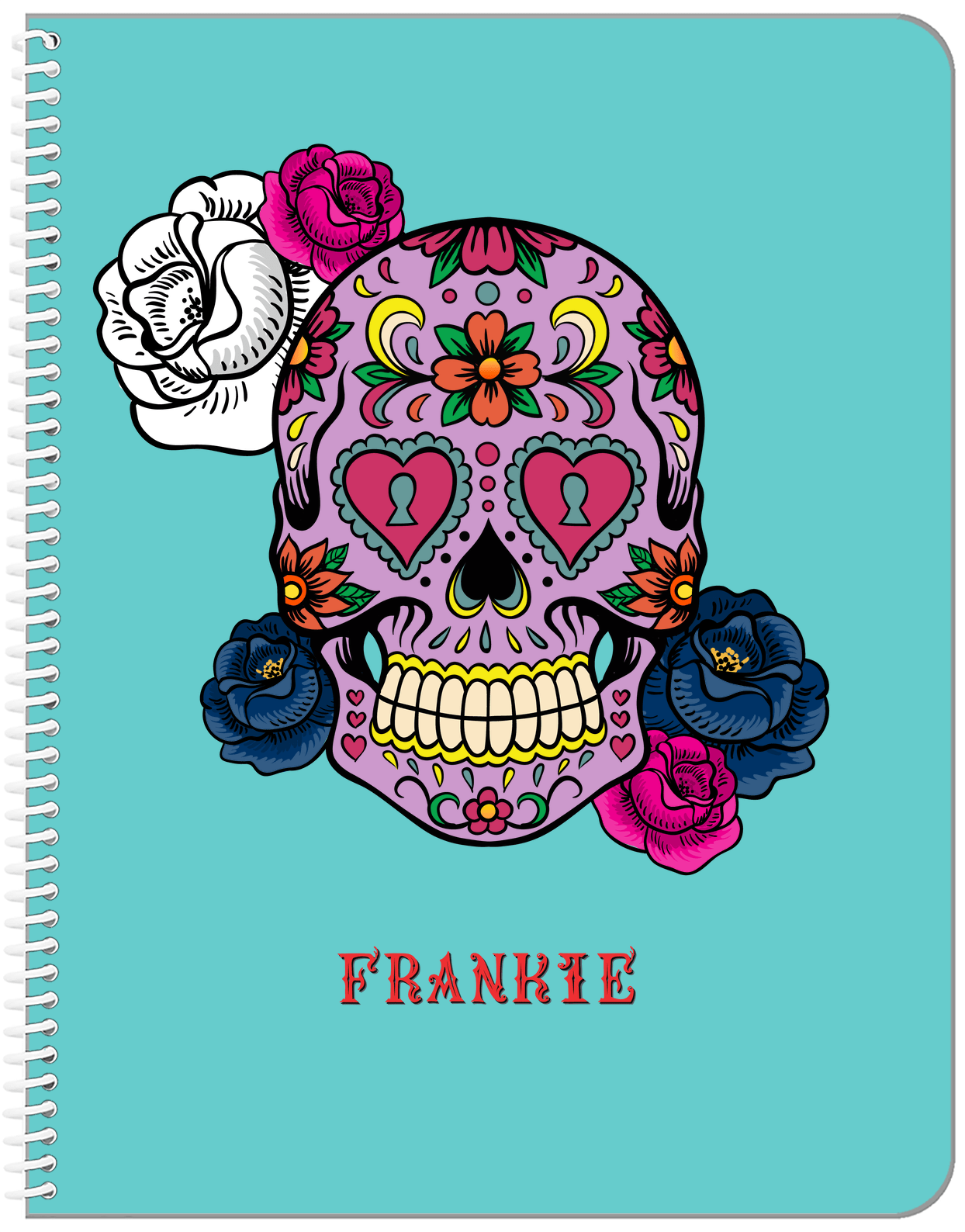Personalized Sugar Skulls Notebook - Teal Background - Front View