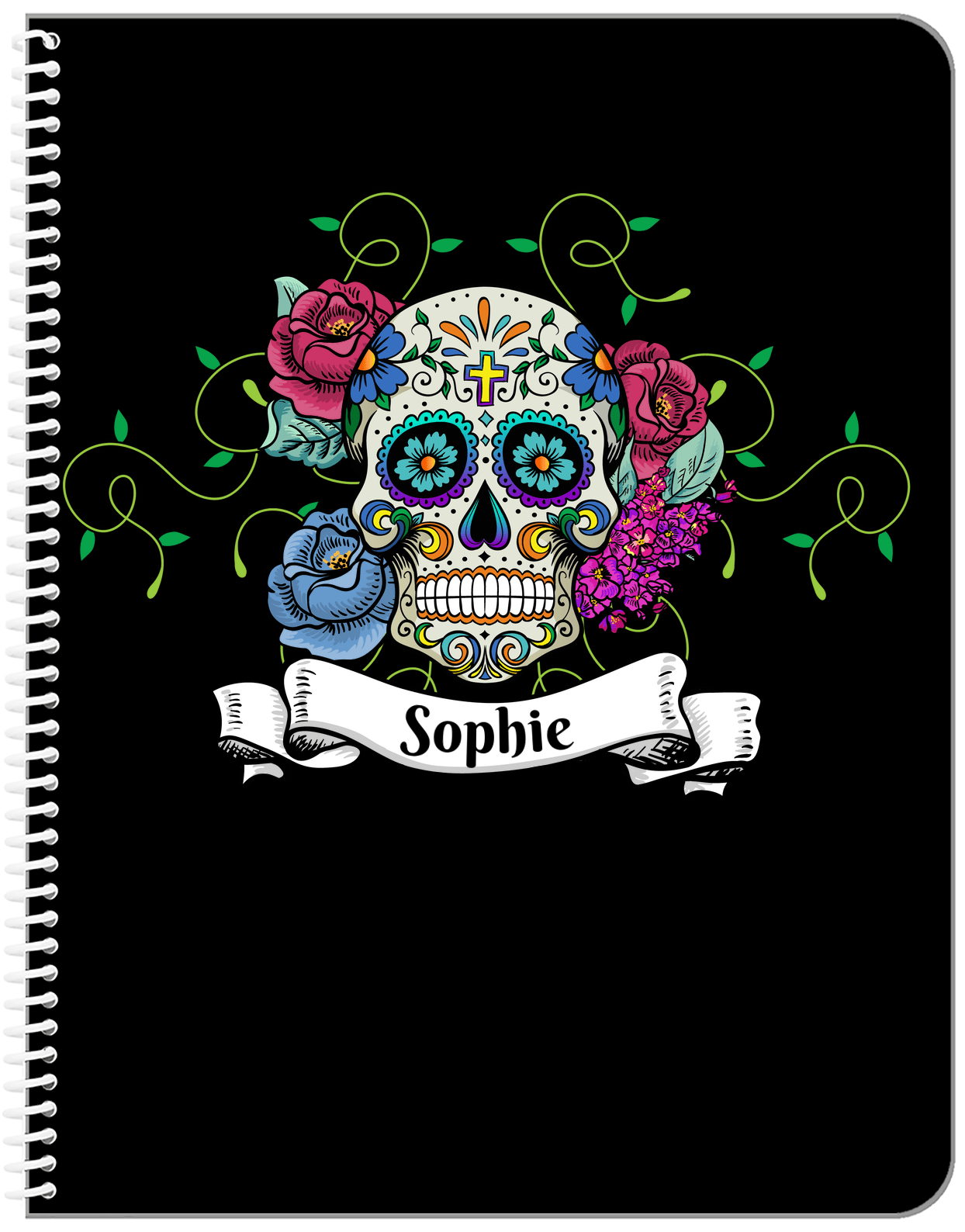 Personalized Sugar Skulls Notebook - Black Background - Front View