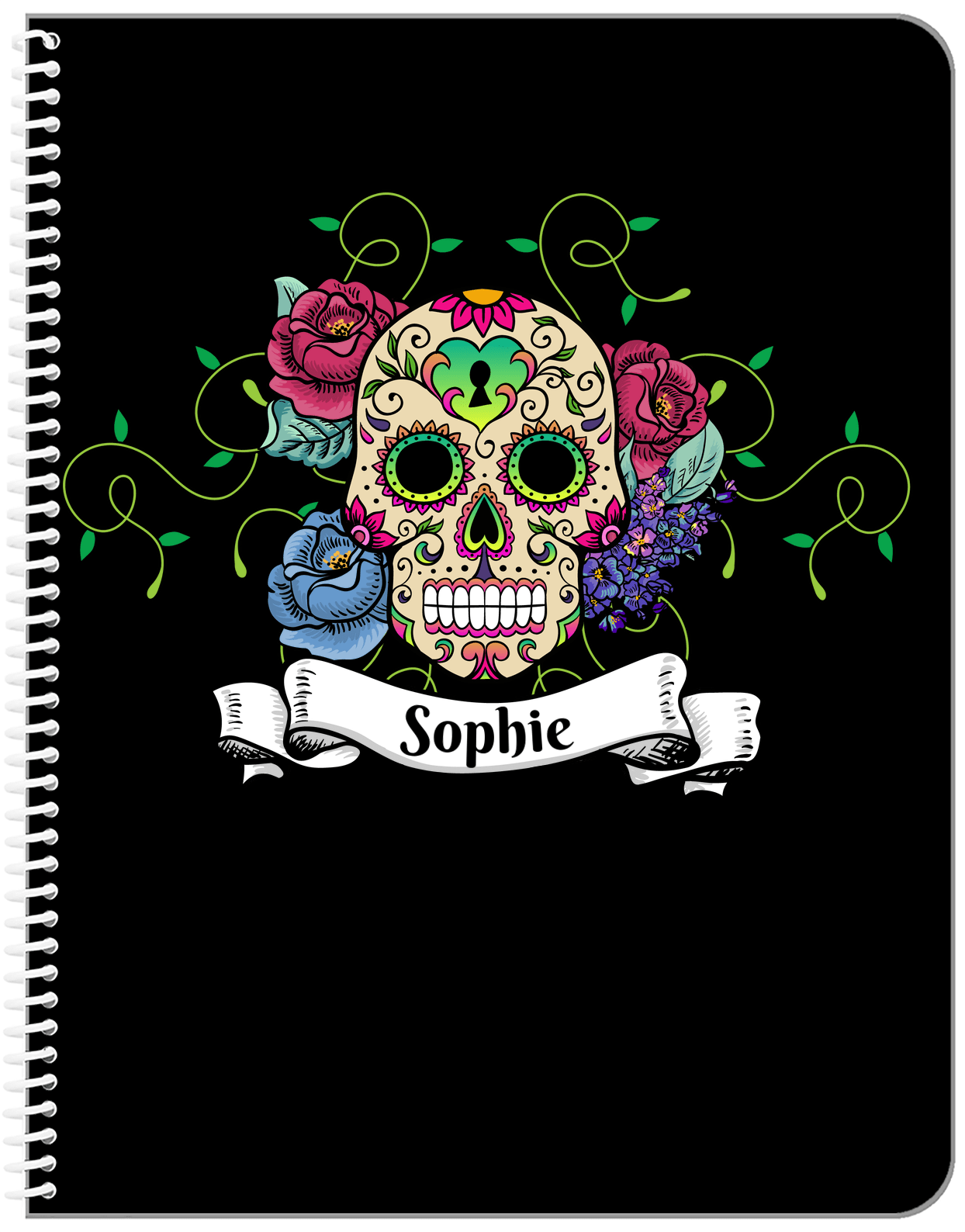 Personalized Sugar Skulls Notebook - Black Background - Front View