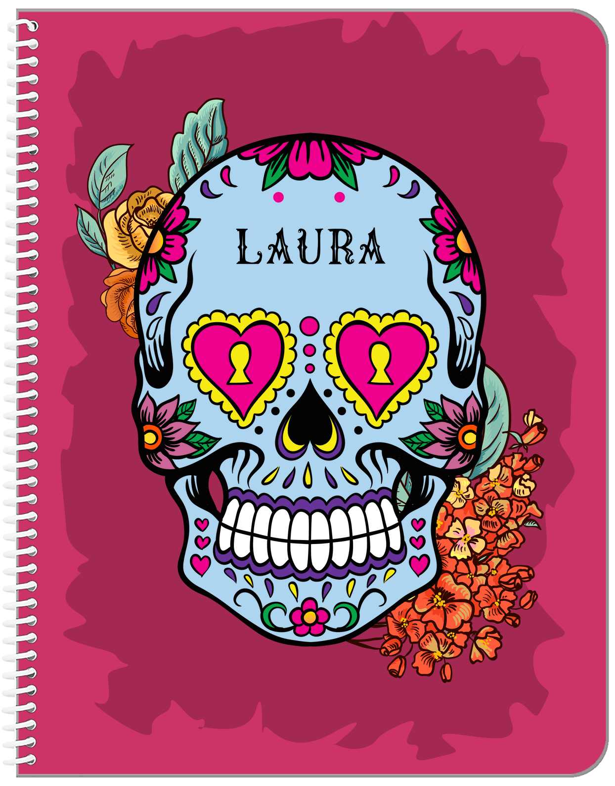 Personalized Sugar Skulls Notebook - Pink Background - Front View