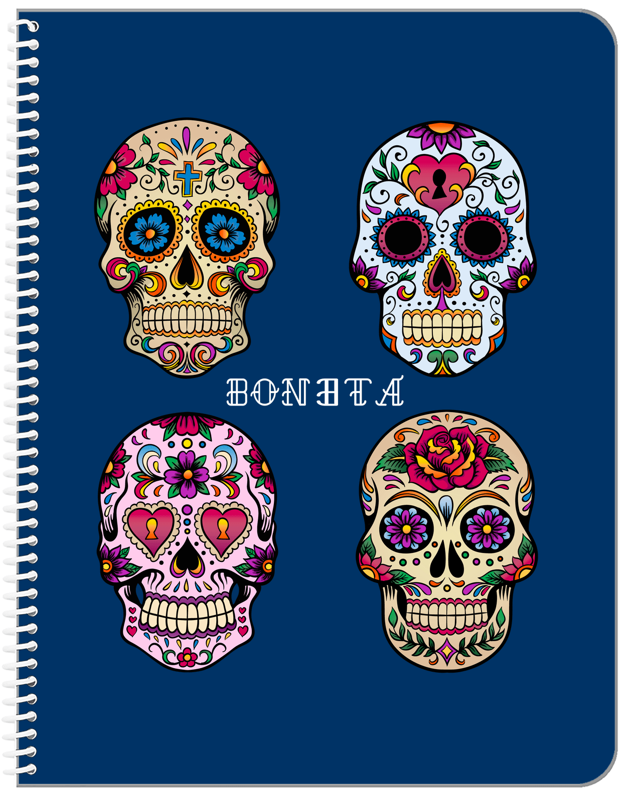 Personalized Sugar Skulls Notebook - Blue Background - Front View