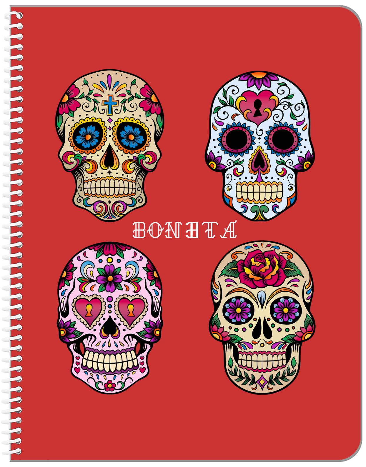 Personalized Sugar Skulls Notebook - Red Background - Front View
