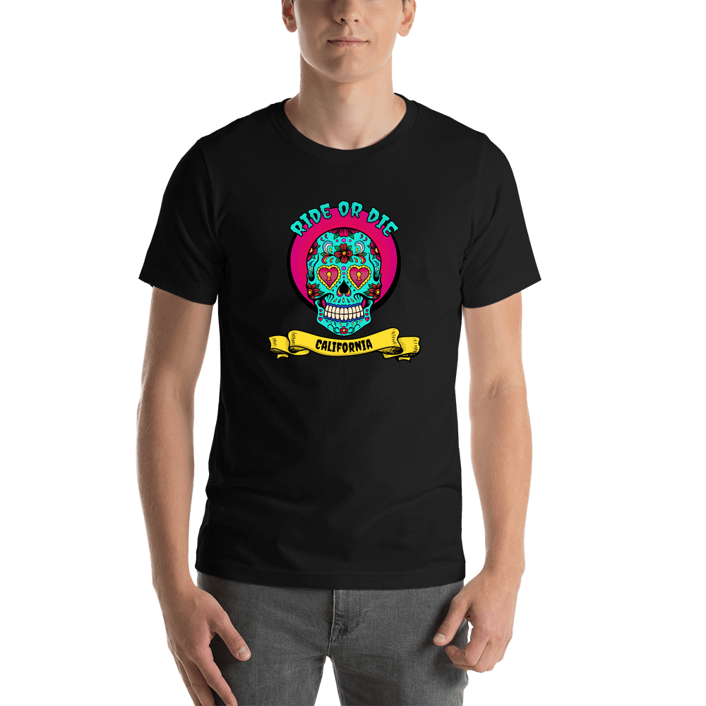 Personalized Sugar Skull T-Shirt - Black - Ride or Die - Shirt View