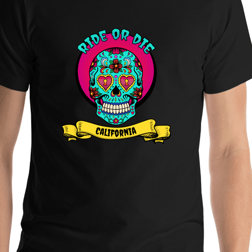 Personalized Sugar Skull T-Shirt - Black - Ride or Die - Shirt Close-Up View