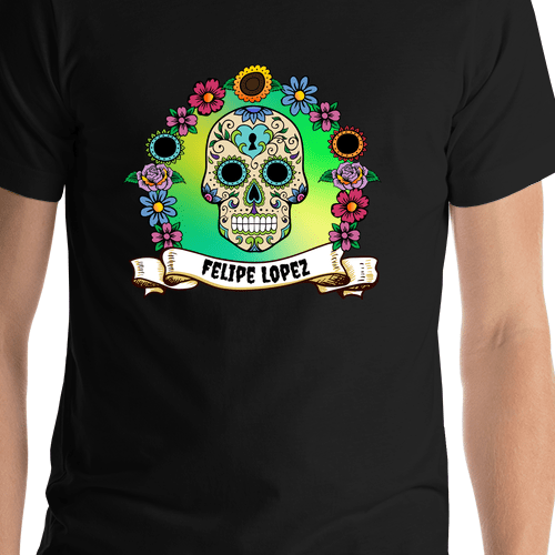 Personalized Sugar Skull T-Shirt - Black - Heart - Shirt Close-Up View