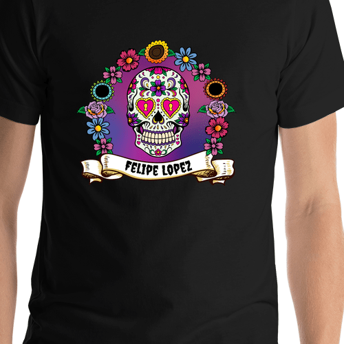 Personalized Sugar Skull T-Shirt - Black - Flower - Shirt Close-Up View