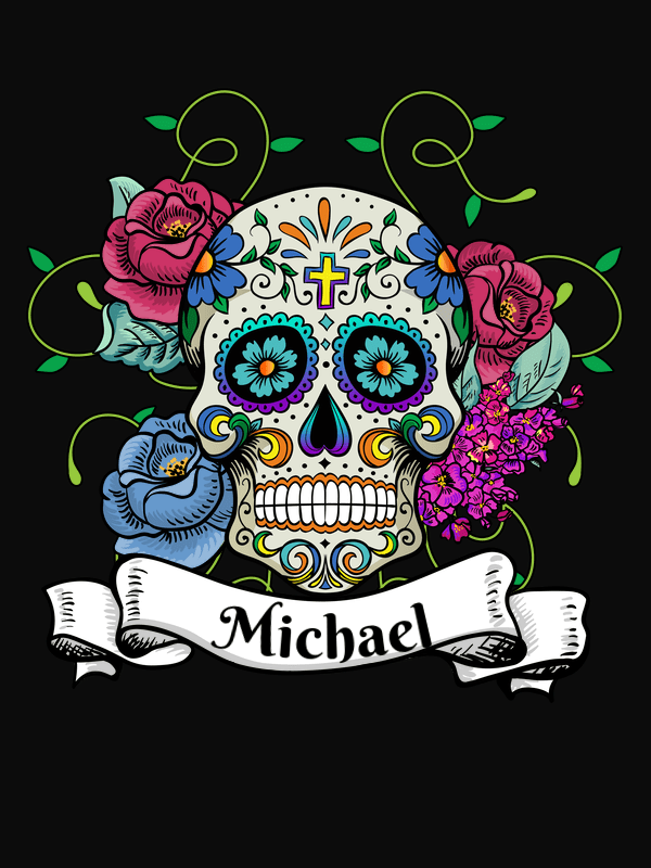 Personalized Sugar Skull T-Shirt - Black - Vines & Flowers - Decorate View