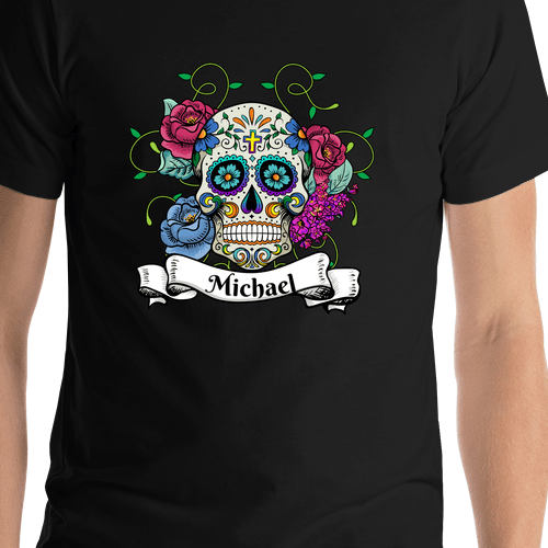 Personalized Sugar Skull T-Shirt - Black - Vines & Flowers - Shirt Close-Up View