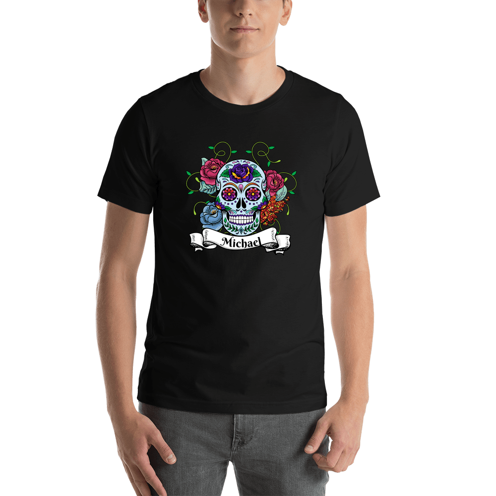 Personalized Sugar Skull T-Shirt - Black - Vines & Flowers - Shirt View