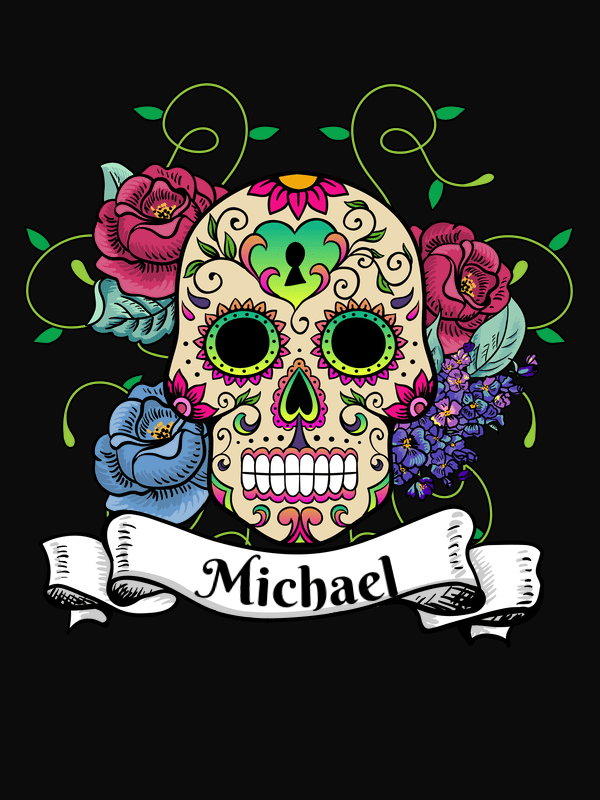 Personalized Sugar Skull T-Shirt - Black - Vines & Flowers - Decorate View