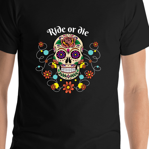 Personalized Sugar Skull T-Shirt - Black - Vines & Flowers - Shirt Close-Up View