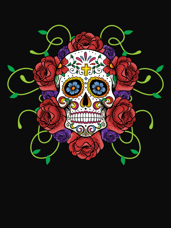 Sugar Skull T-Shirt - Black - Vines and Flowers - Decorate View