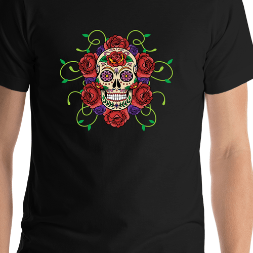 Sugar Skull T-Shirt - Black - Vines and Flowers - Shirt Close-Up View