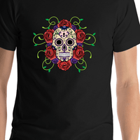 Thumbnail for Sugar Skull T-Shirt - Black - Vines and Flowers - Shirt Close-Up View