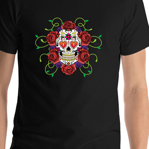 Sugar Skull T-Shirt - Black - Vines and Flowers - Shirt Close-Up View