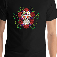 Thumbnail for Sugar Skull T-Shirt - Black - Vines and Flowers - Shirt Close-Up View