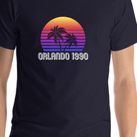 Thumbnail for Personalized Sunset Palm Tree T-Shirt - Navy Blue - Shirt Close-Up View