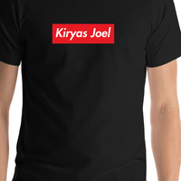 Thumbnail for Personalized Super Parody T-Shirt - Black - Kiryas Joel - Shirt Close-Up View