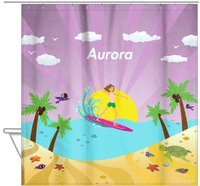 Thumbnail for Personalized Surfing Shower Curtain II - Brunette Girl - Hanging View