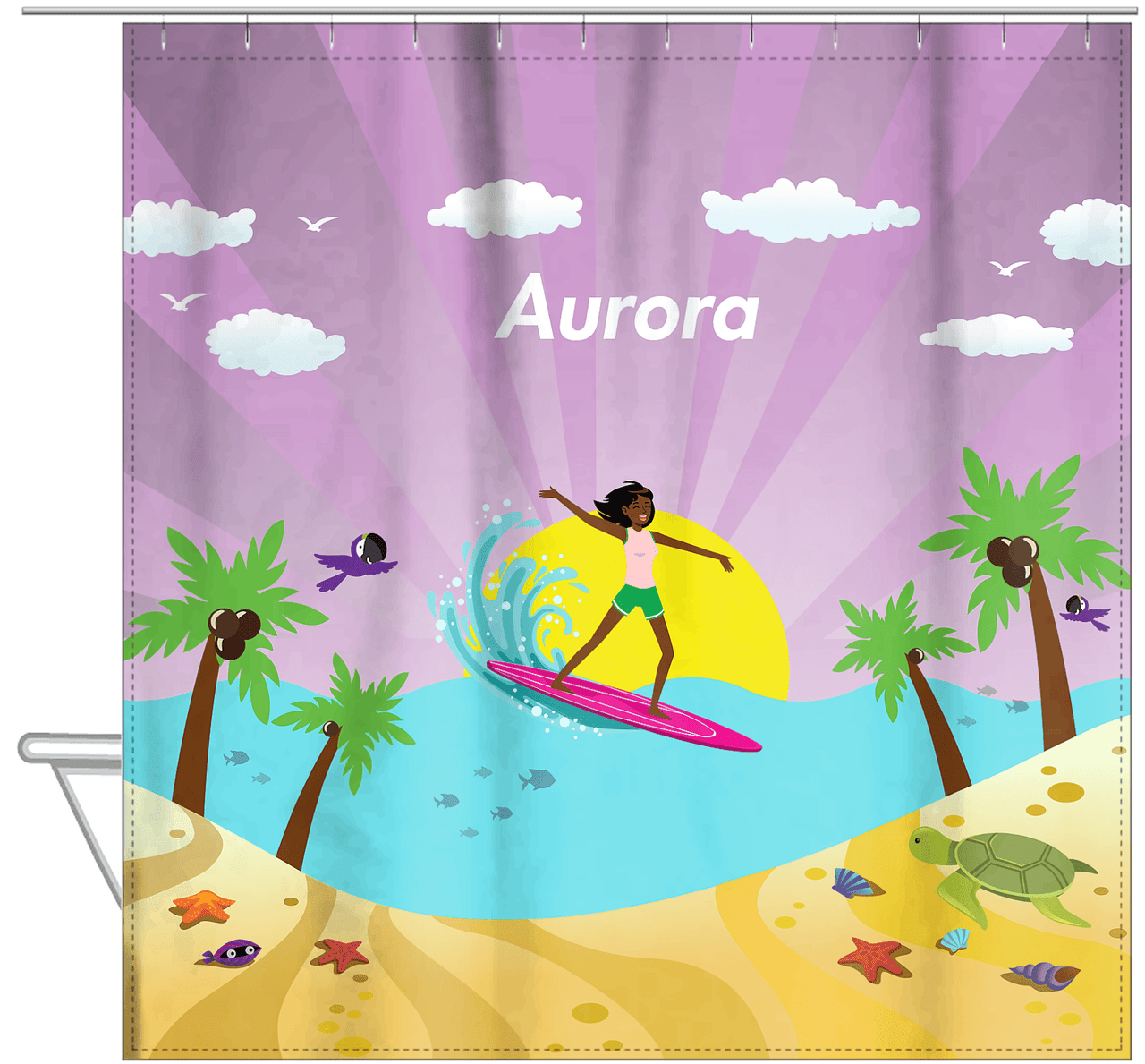 Personalized Surfing Shower Curtain II - Black Girl I - Hanging View