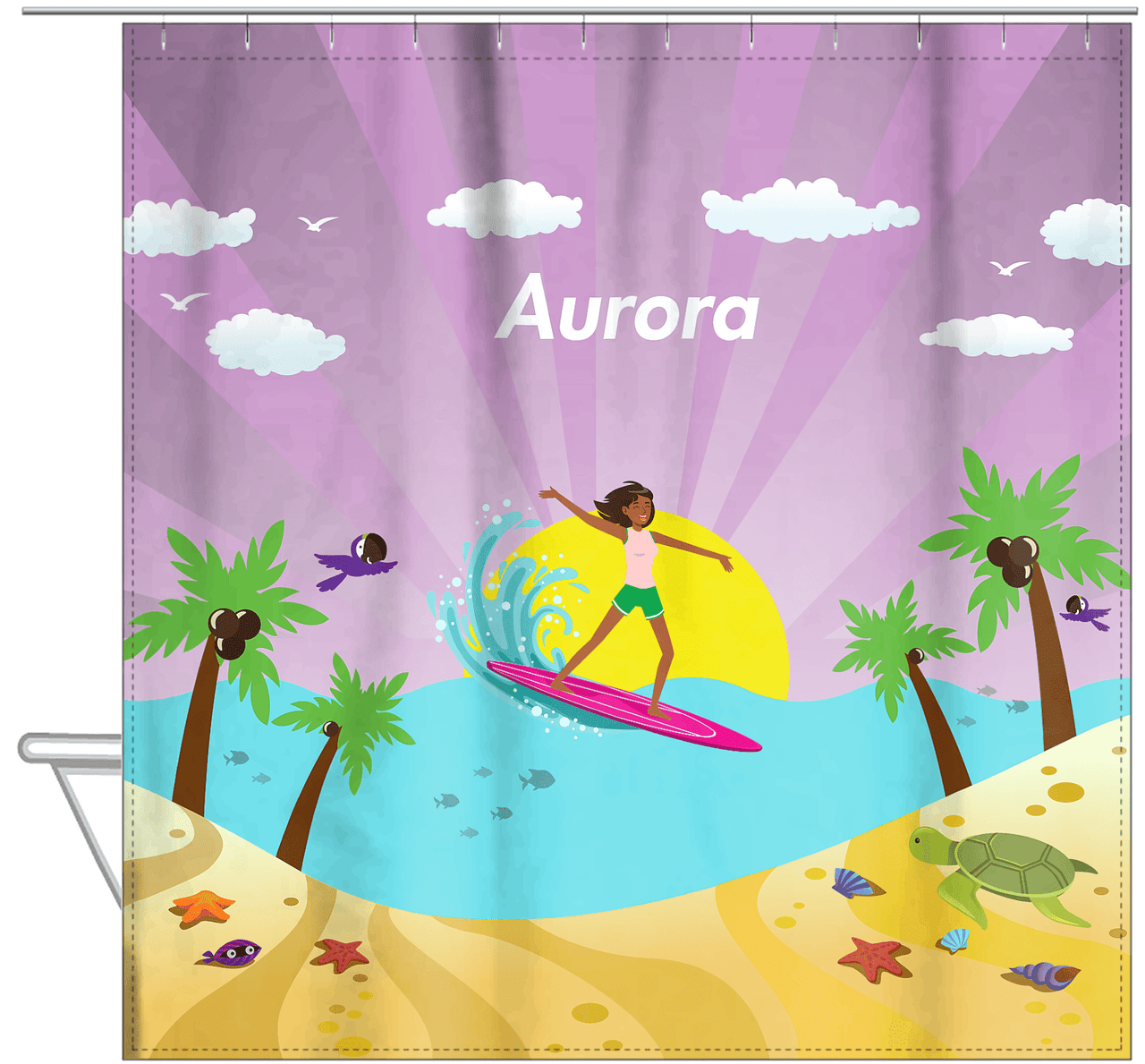 Personalized Surfing Shower Curtain II - Black Girl II - Hanging View