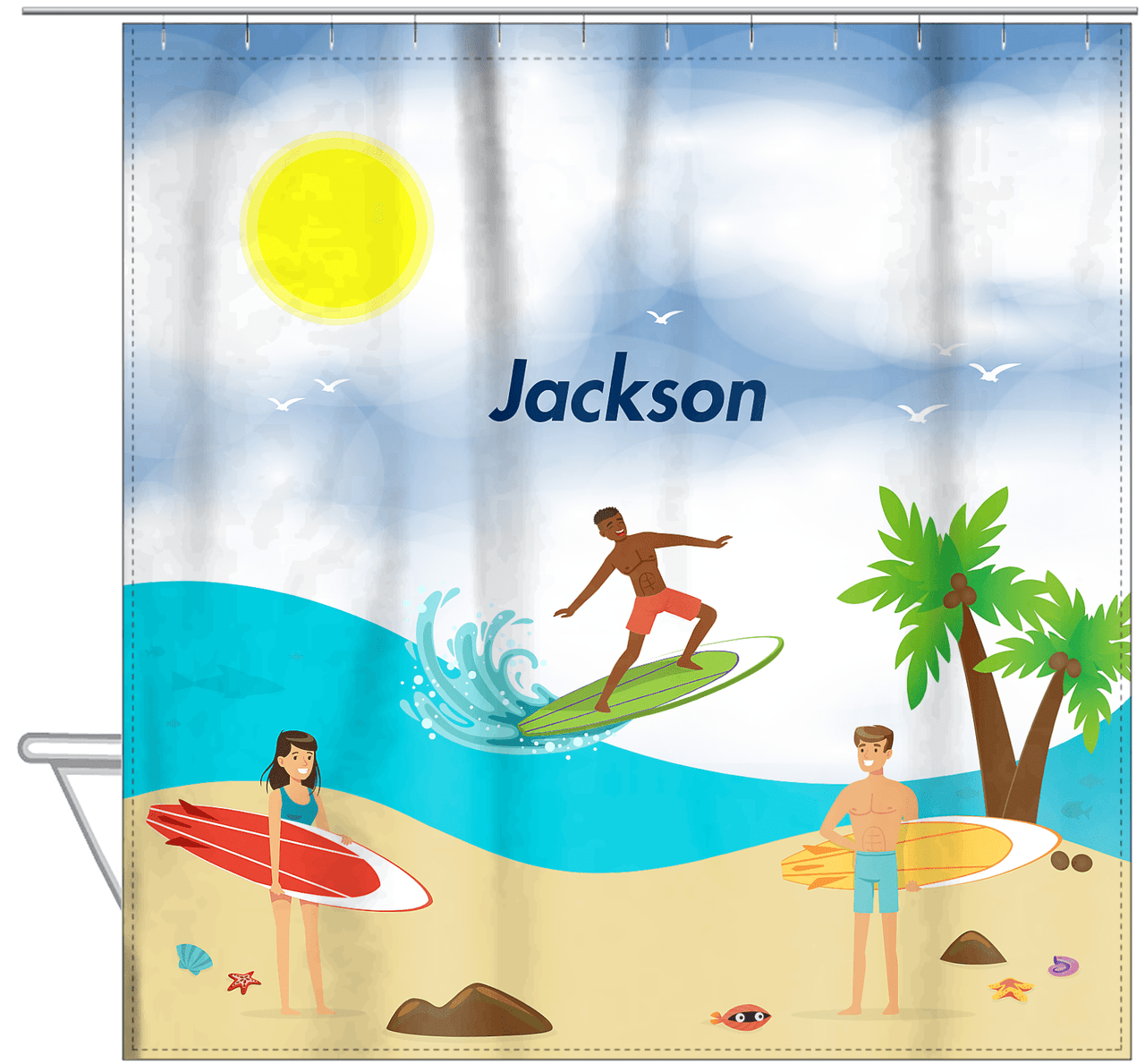Personalized Surfing Shower Curtain III - Black Boy I - Hanging View