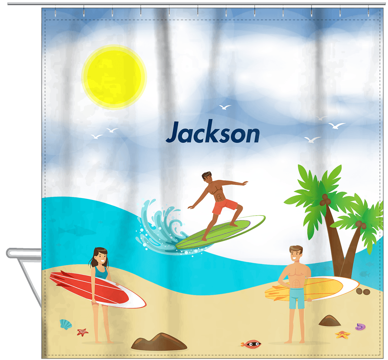 Personalized Surfing Shower Curtain III - Black Boy II - Hanging View