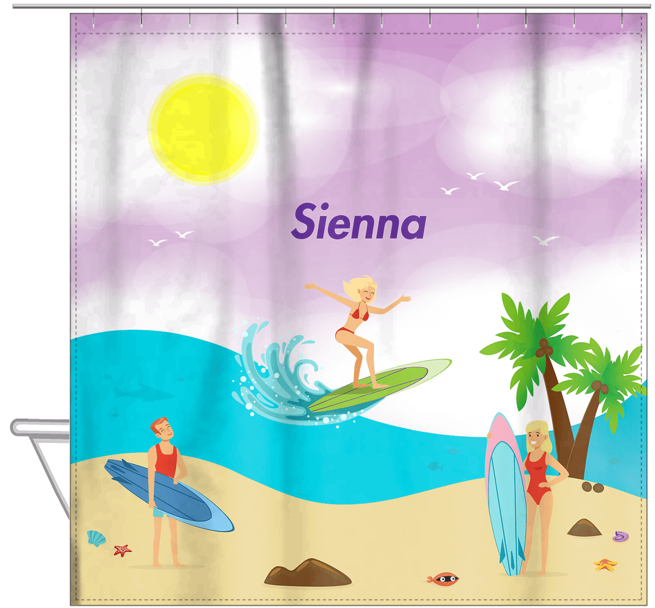 Personalized Surfing Shower Curtain IV - Blonde Girl - Hanging View