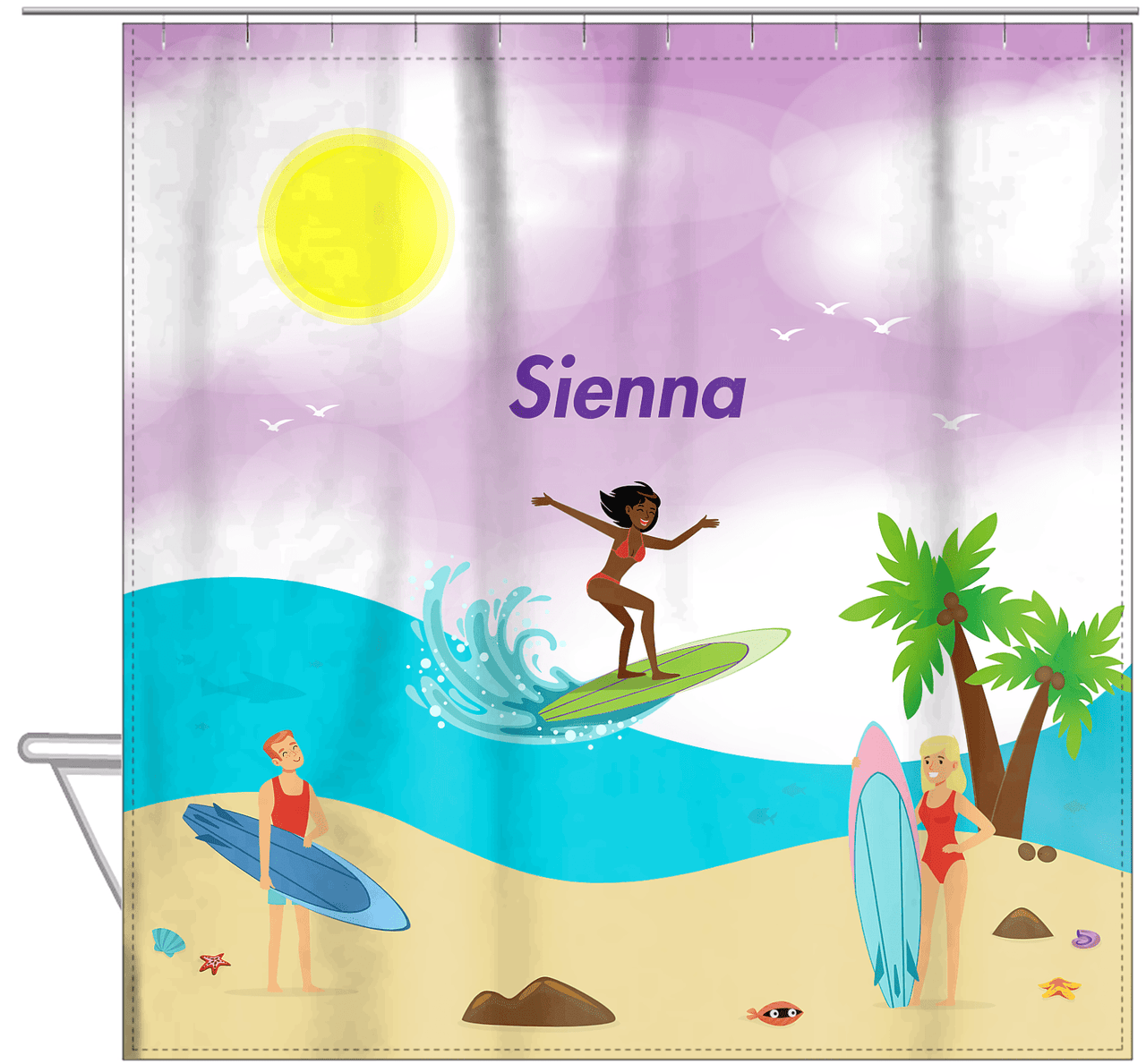 Personalized Surfing Shower Curtain IV - Black Girl I - Hanging View