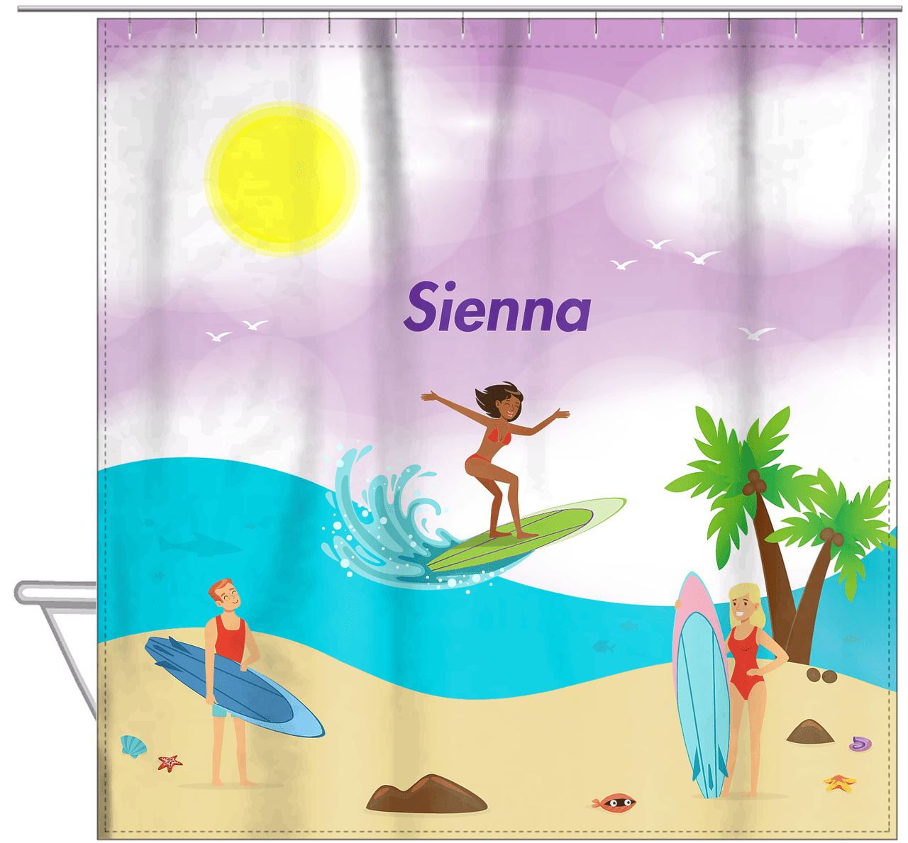 Personalized Surfing Shower Curtain IV - Black Girl II - Hanging View