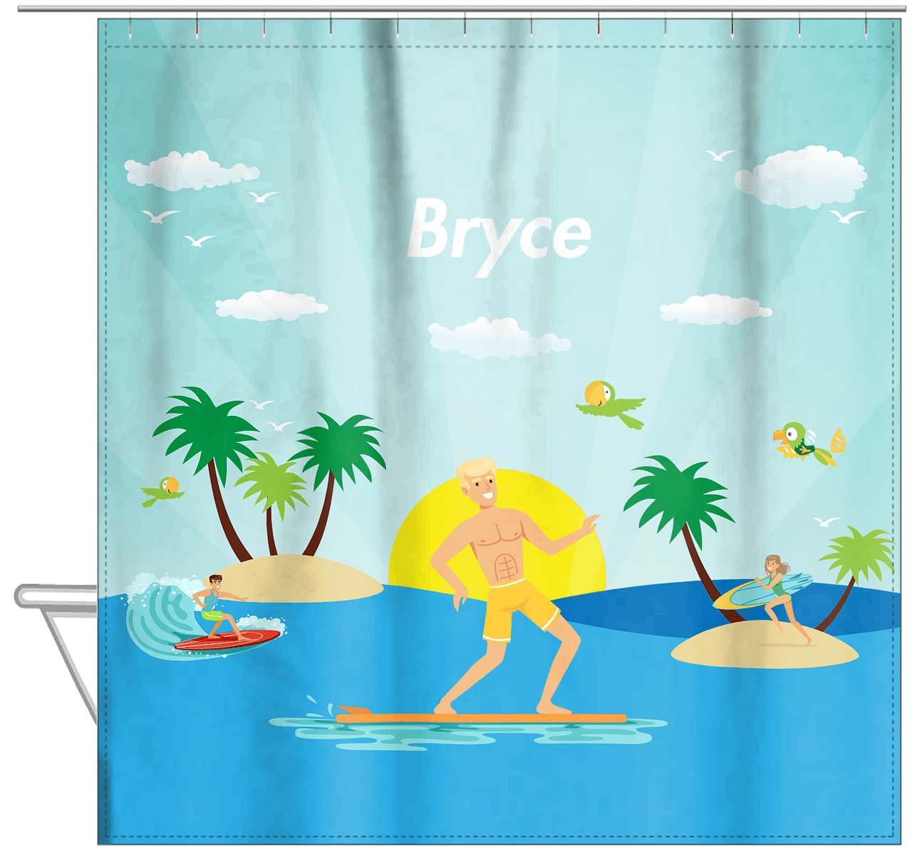 Personalized Surfing Shower Curtain V - Blond Boy - Hanging View