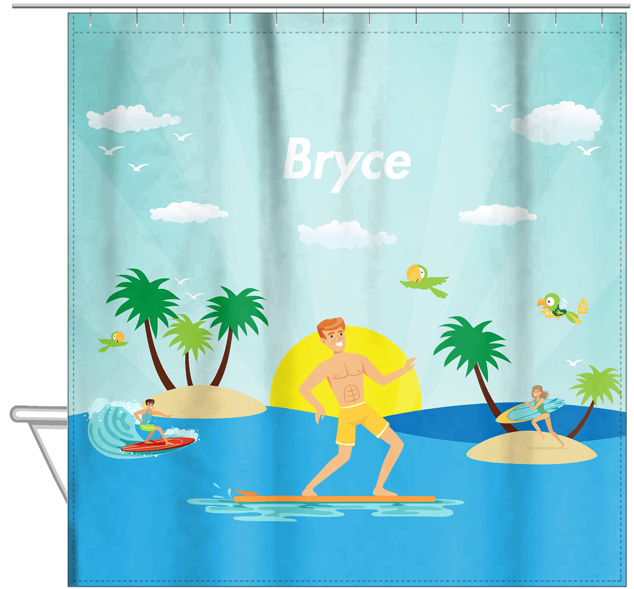 Personalized Surfing Shower Curtain V - Redhead Boy - Hanging View
