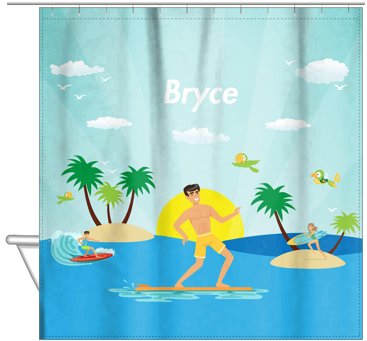 Personalized Surfing Shower Curtain V - Black Hair Boy - Hanging View
