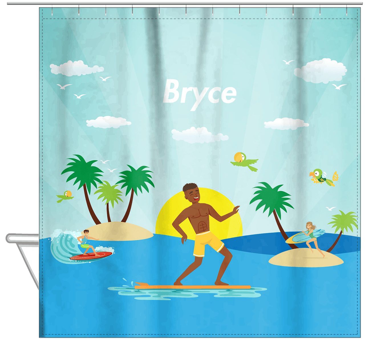 Personalized Surfing Shower Curtain V - Black Boy I - Hanging View