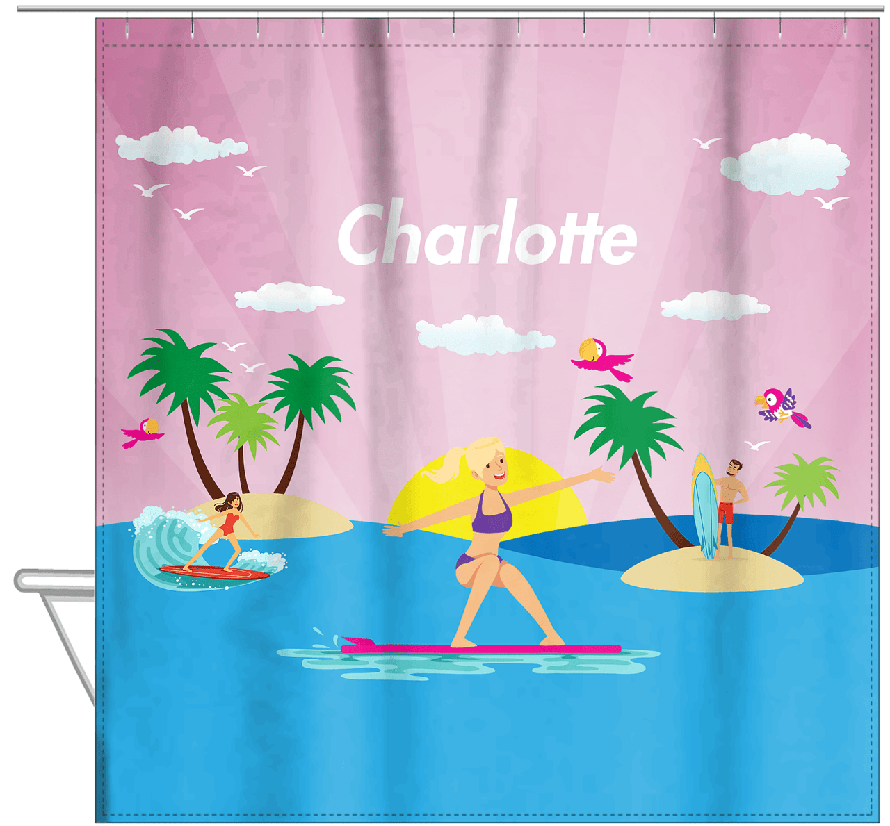 Personalized Surfing Shower Curtain VI - Blonde Girl - Hanging View