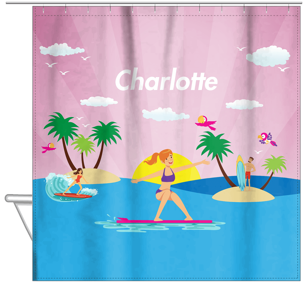Personalized Surfing Shower Curtain VI - Redhead Girl - Hanging View