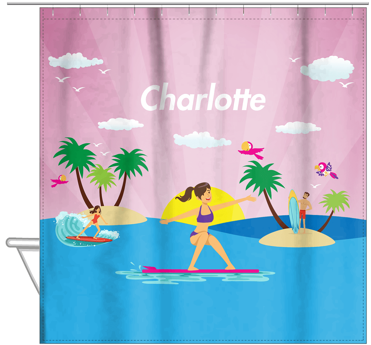Personalized Surfing Shower Curtain VI - Brunette Girl - Hanging View