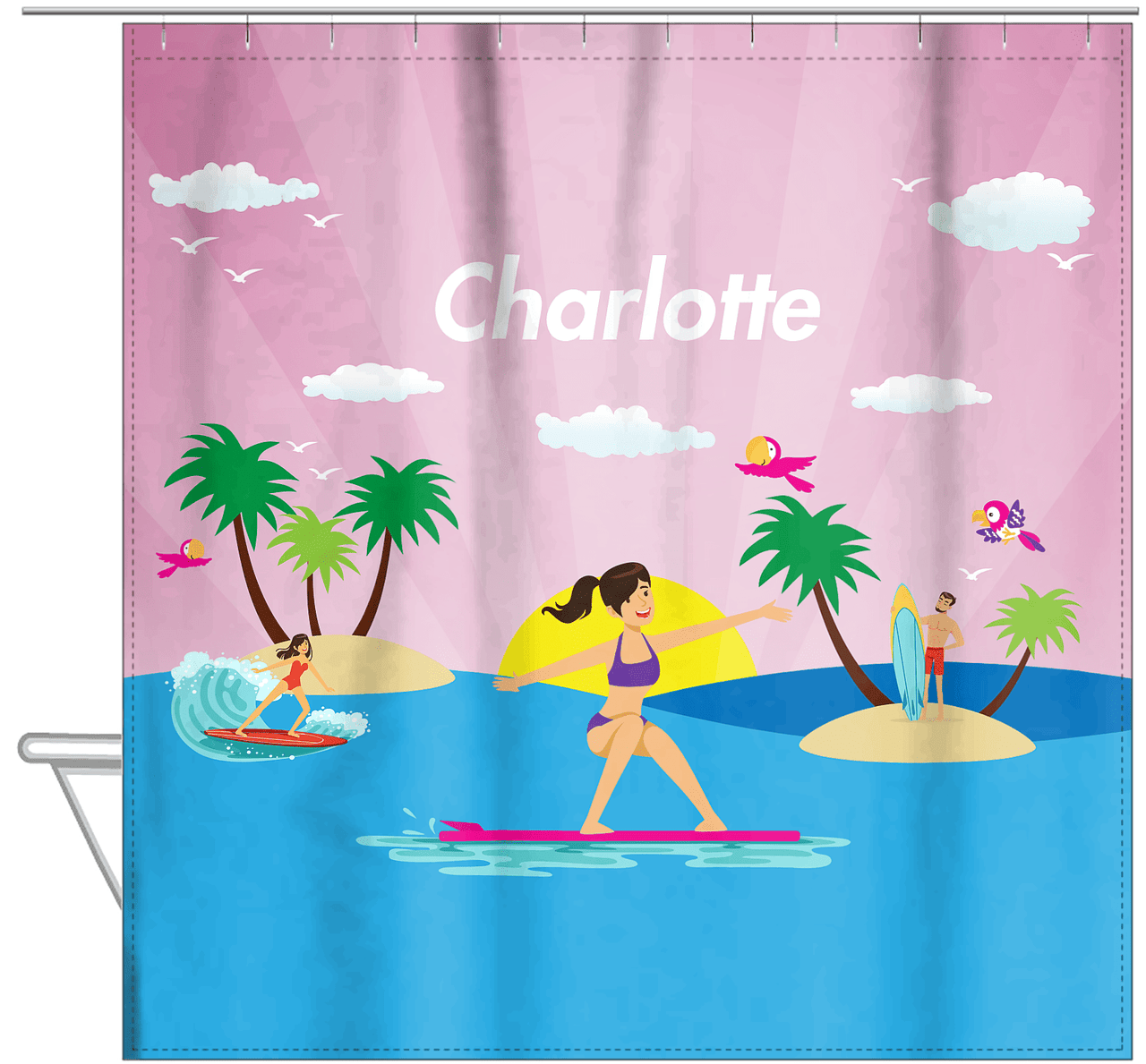 Personalized Surfing Shower Curtain VI - Black Hair Girl - Hanging View