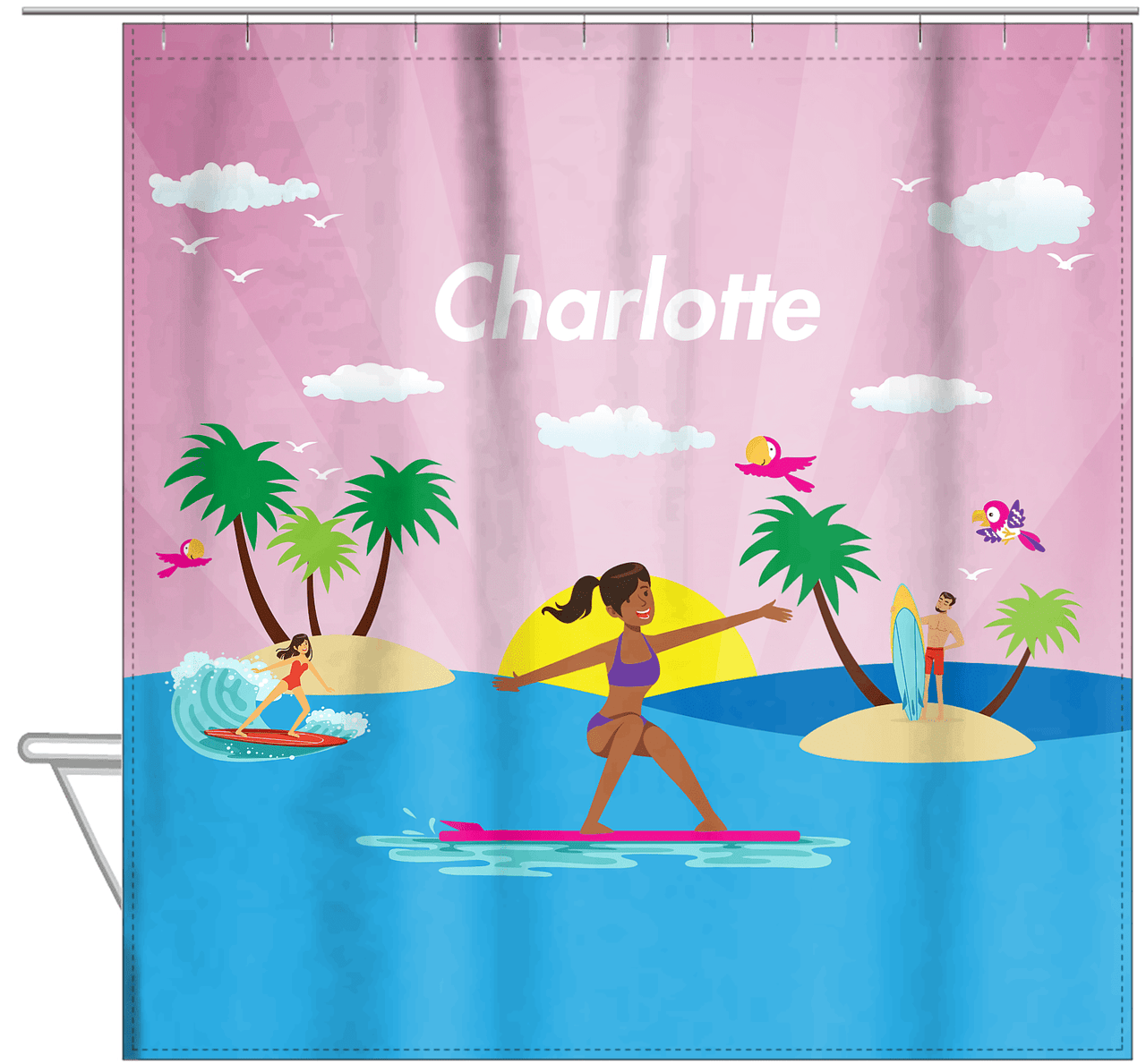 Personalized Surfing Shower Curtain VI - Black Girl II - Hanging View