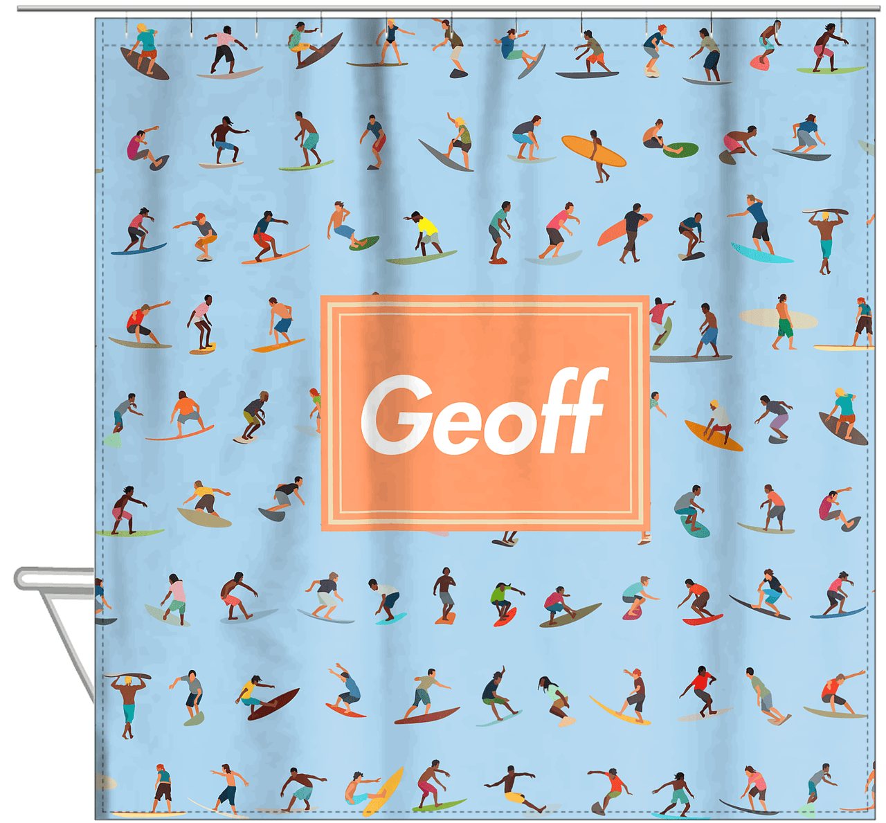 Personalized Surfing Shower Curtain VII - Rectangle Nameplate - Hanging View